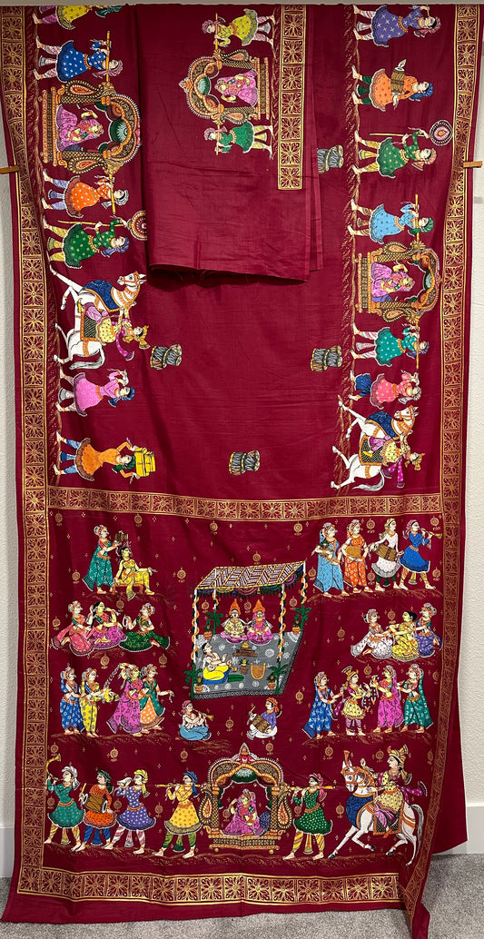 Maroon Khadi Silk Pattachitra Saree with Wedding theme