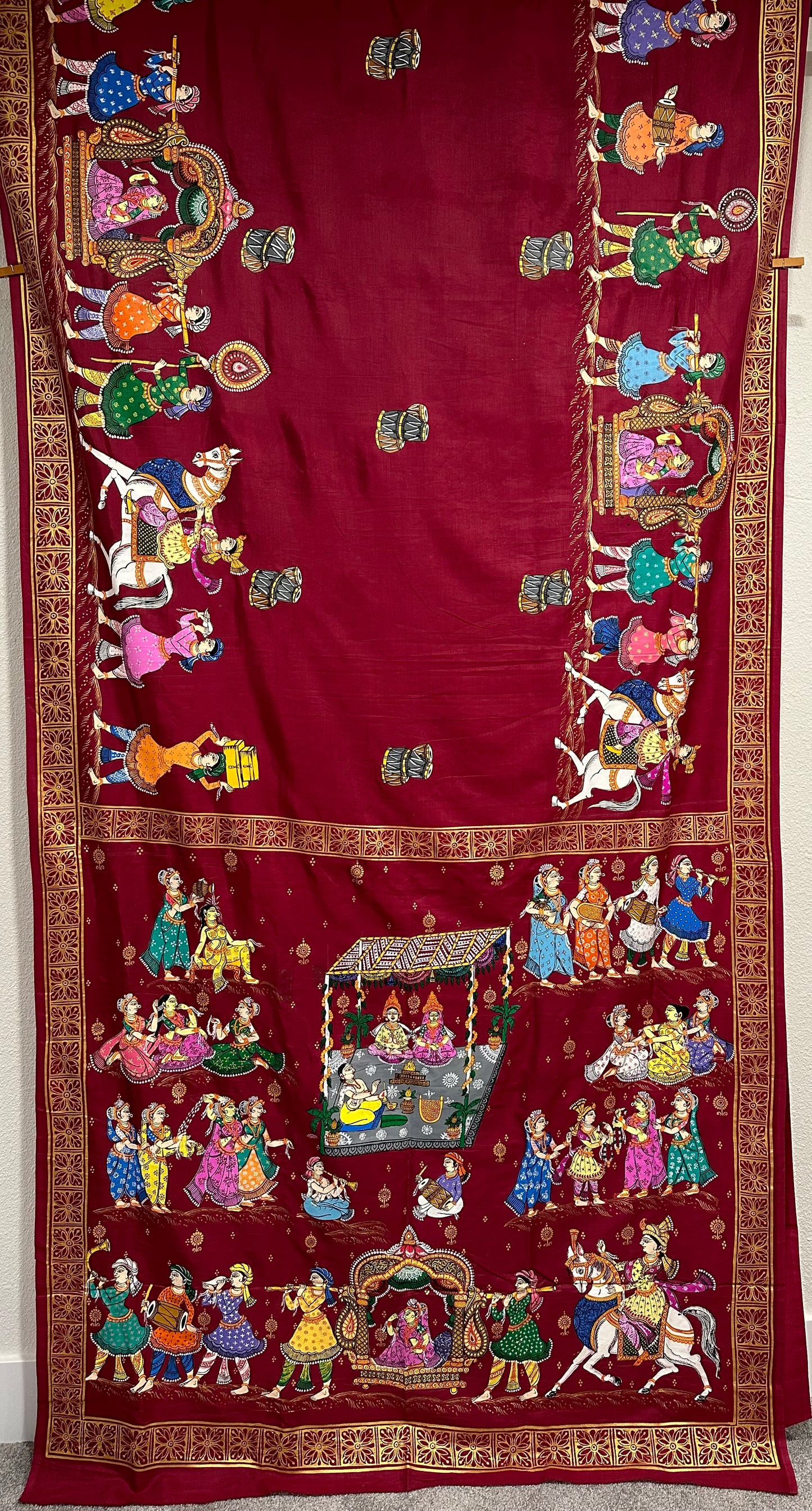 Maroon Khadi Silk Pattachitra Saree with Wedding theme