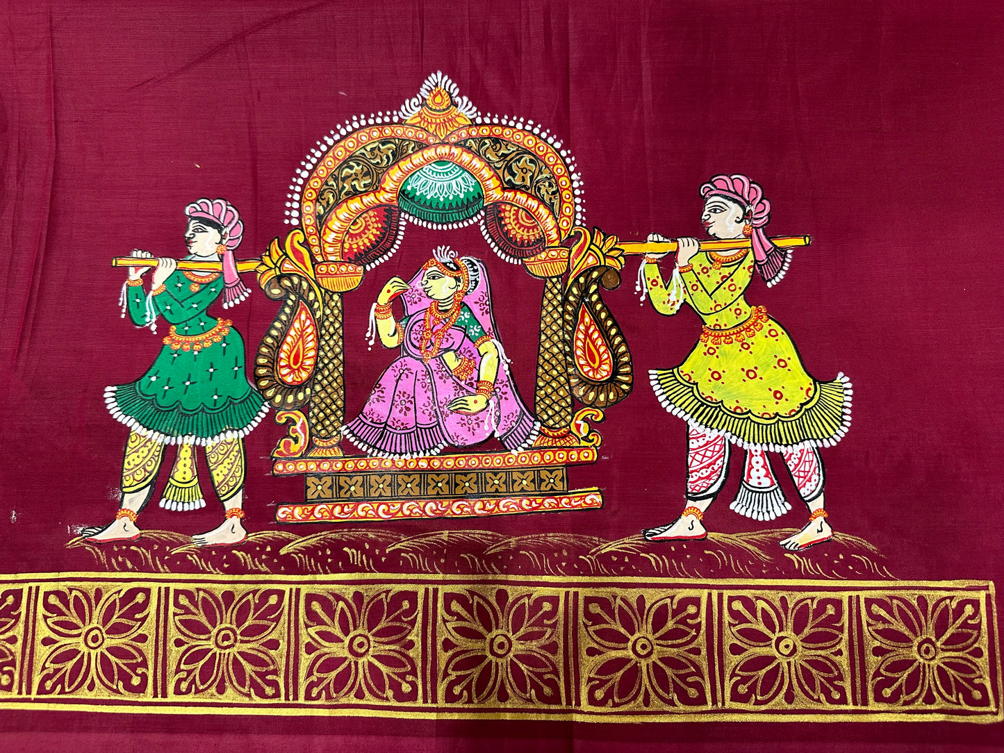 Maroon Khadi Silk Pattachitra Saree with Wedding theme