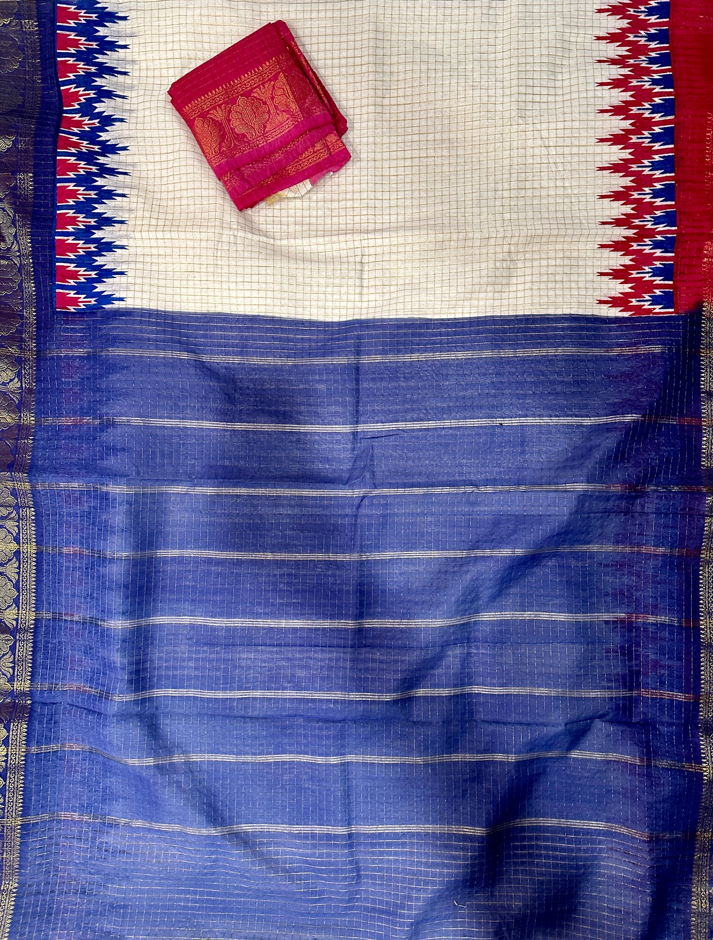 Madurai Cotton with Golden body checks Saree - Navy blue and red ganga jamuna border