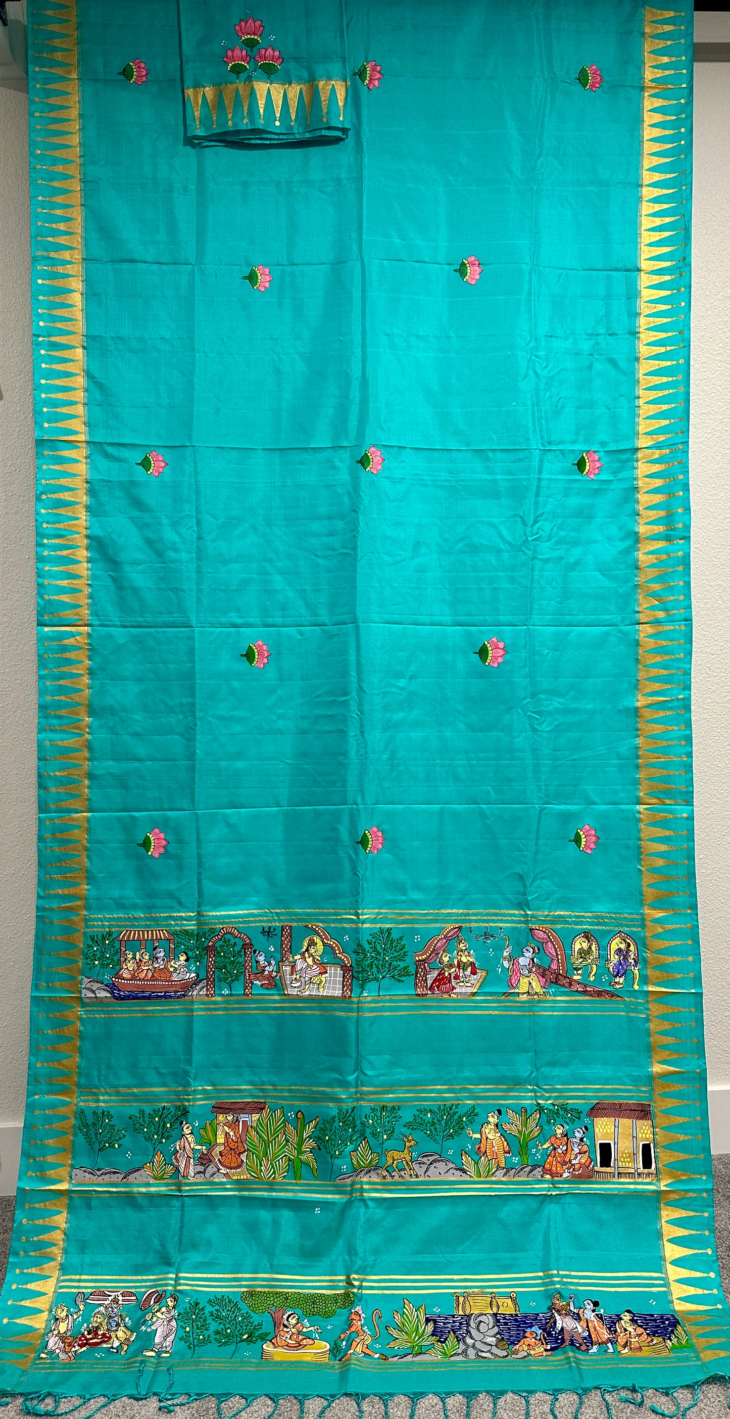 Sea Green Pure Silk Pattachitra Saree with Ramayana theme.