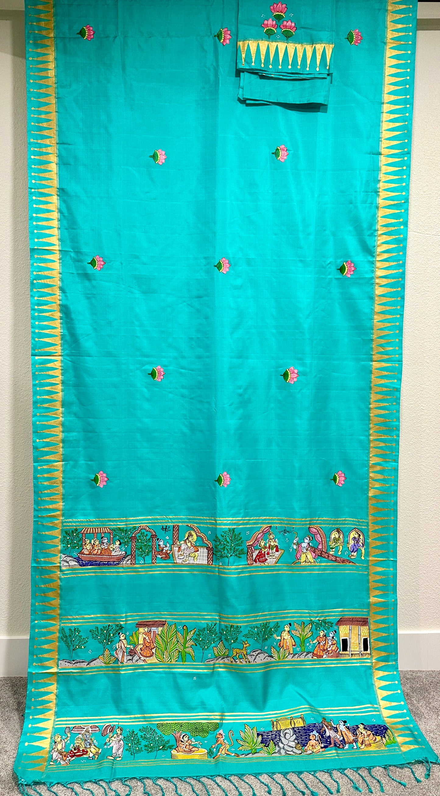 Sea Green Pure Silk Pattachitra Saree with Ramayana theme.