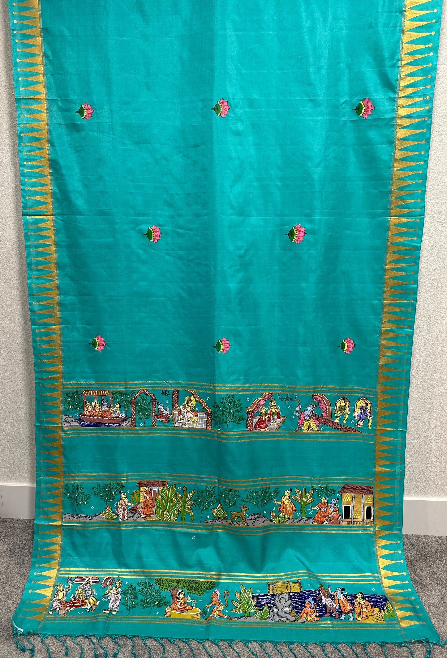 Sea Green Pure Silk Pattachitra Saree with Ramayana theme.