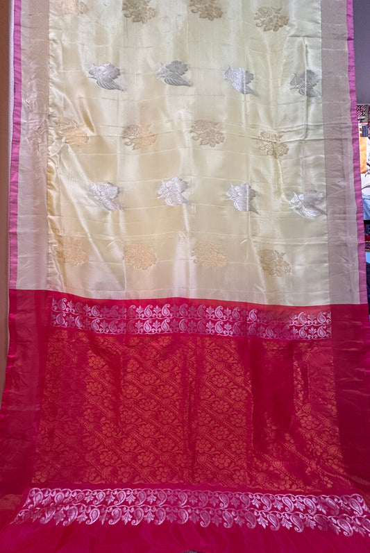 Kanji Silk Saree - Lemon Yellow with Rani Pink Pop Border