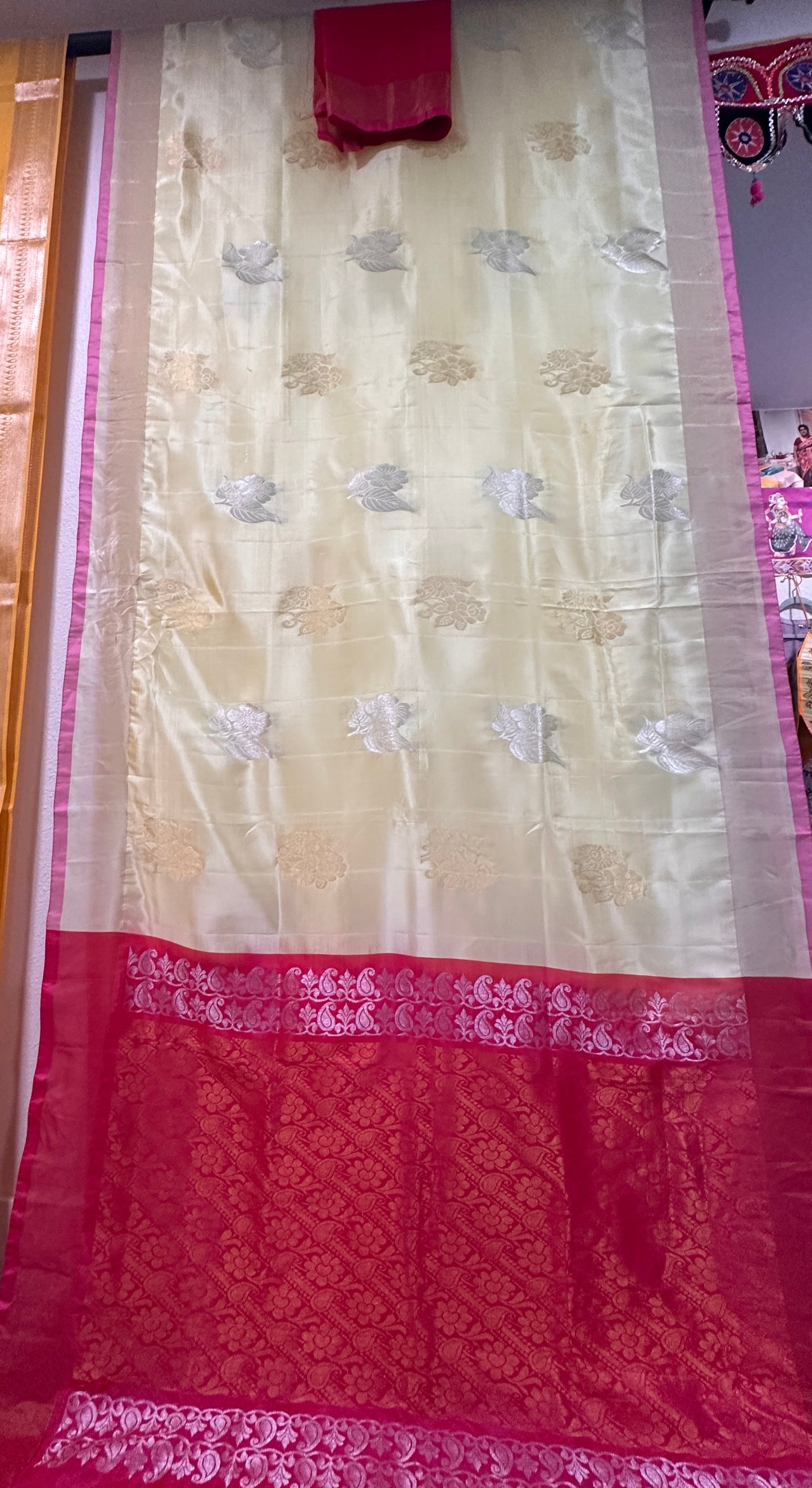 Kanji Silk Saree - Lemon Yellow with Rani Pink Pop Border