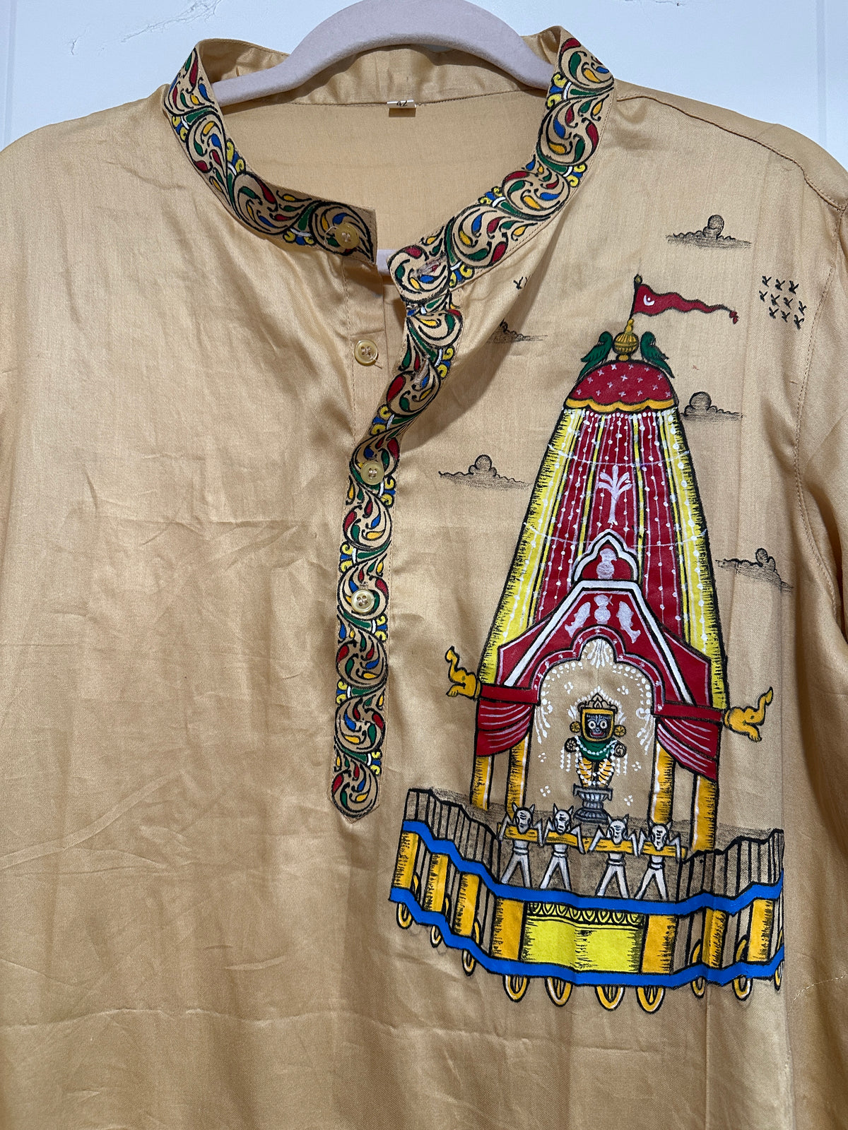 Men's Kurta - Pattachitra - Beige with  Multi-coloured Puri Jagannath Mandir