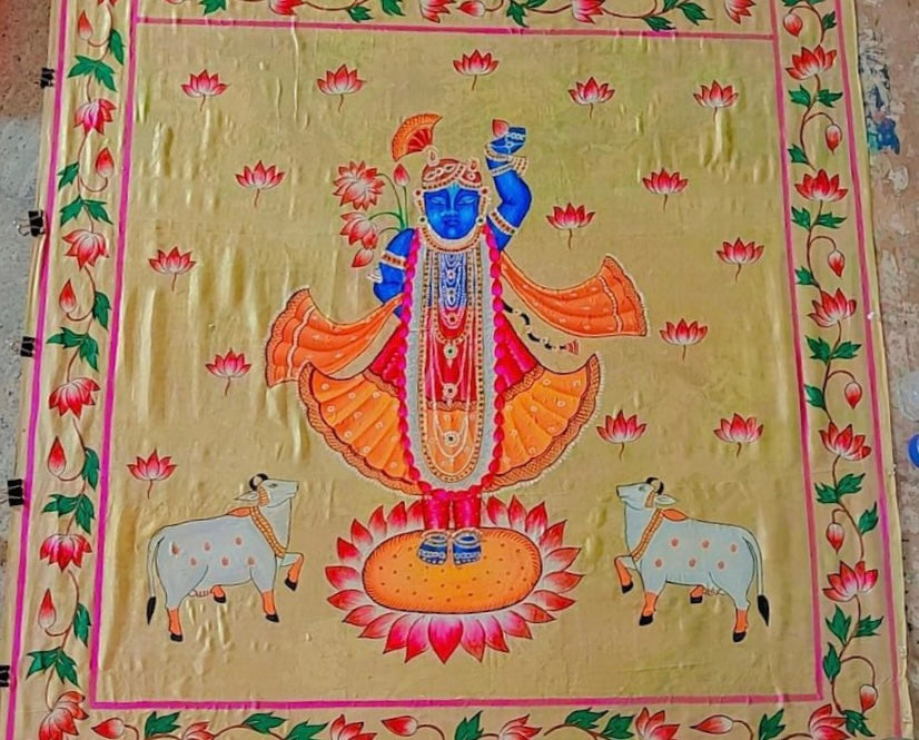 Pattachitra sarees - Sreenath Ji on Chandan Colour (Light Beige)  Khadi Silk