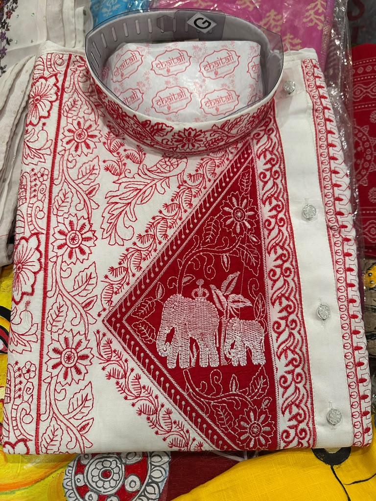Men's Kurta - Cotton with Thread work - White n Red