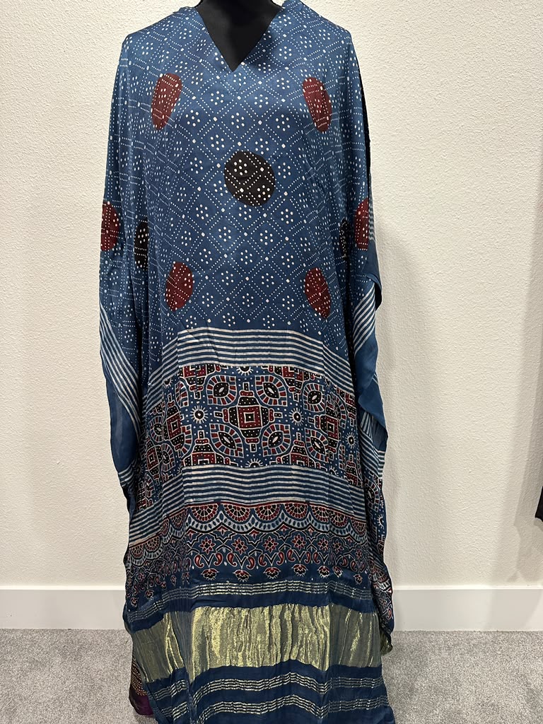 Modal Silk Kaftan - Indigo Blue with Geometrical Patterns and Lagda Patti