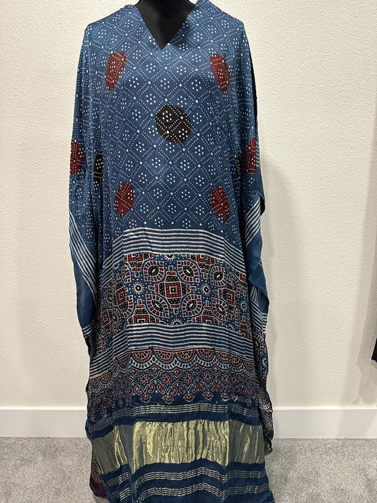 Modal Silk Kaftan - Indigo Blue with Geometrical Patterns and Lagda Patti