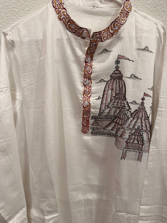 Men's Kurta - Pattachitra - Offwhite with  Dual tone shading of Puri Jagannath Mandir