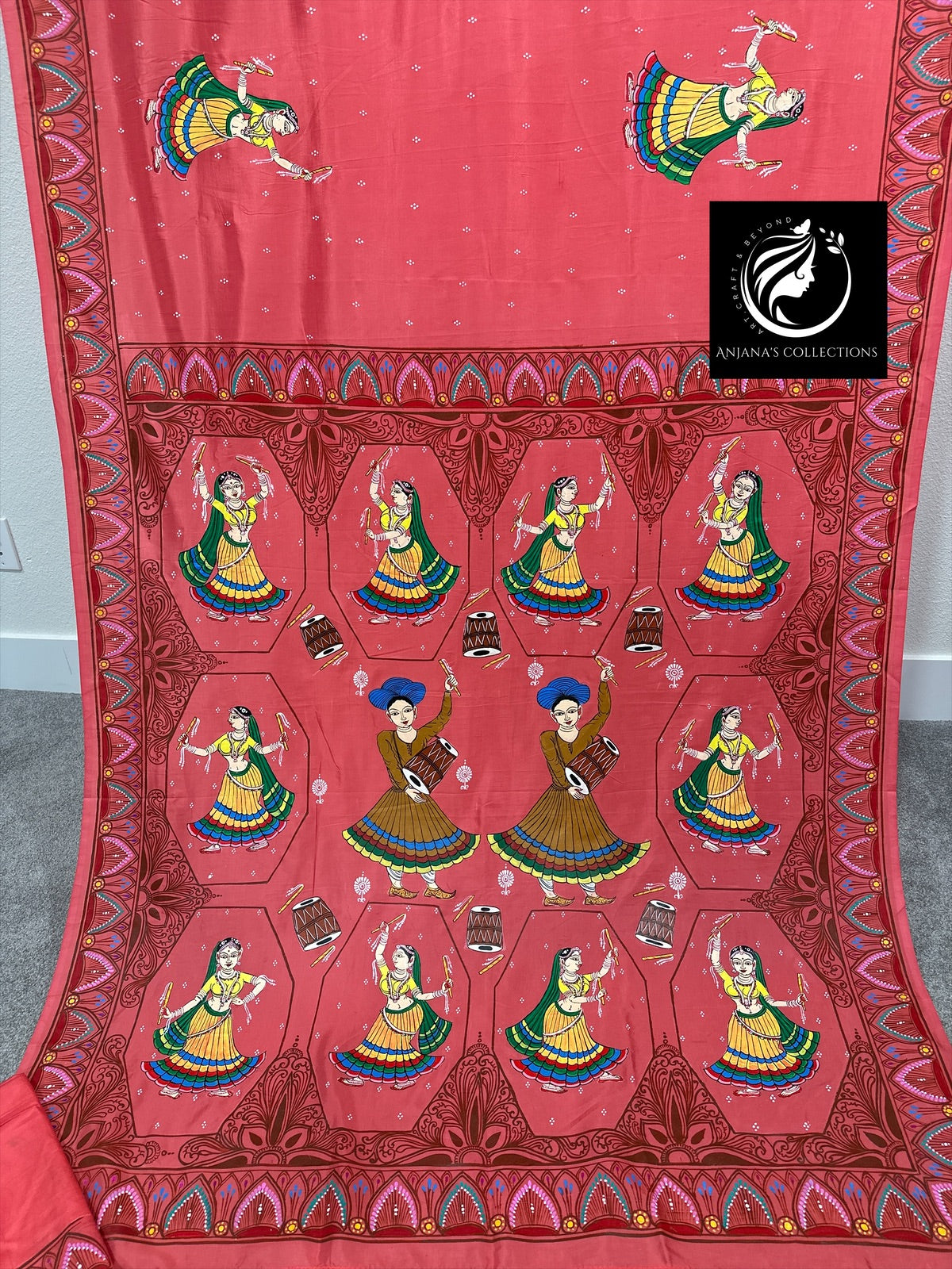 Peach Khadi Silk Pattachitra Saree with Dandiya theme