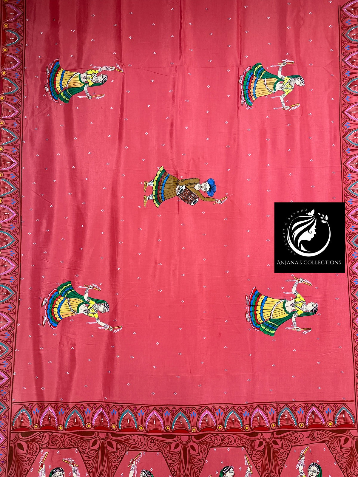 Peach Khadi Silk Pattachitra Saree with Dandiya theme