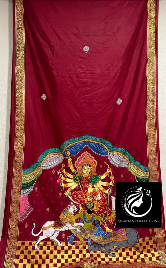 Maroon Khadi Silk Pattachitra Saree with Mahishasura Mardini